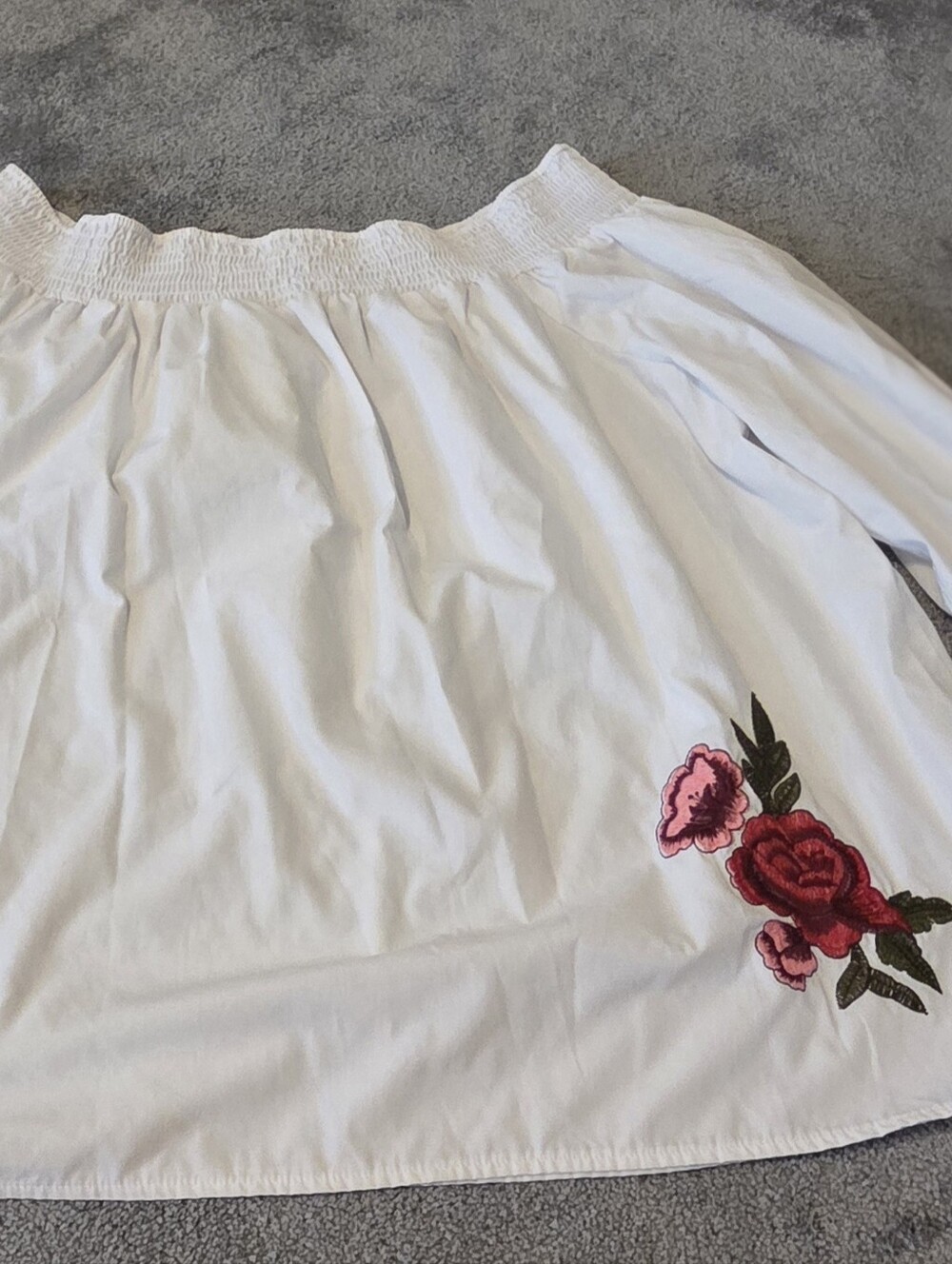 White Off-Shoulder Peasant Blouse with Red Floral Embroidery